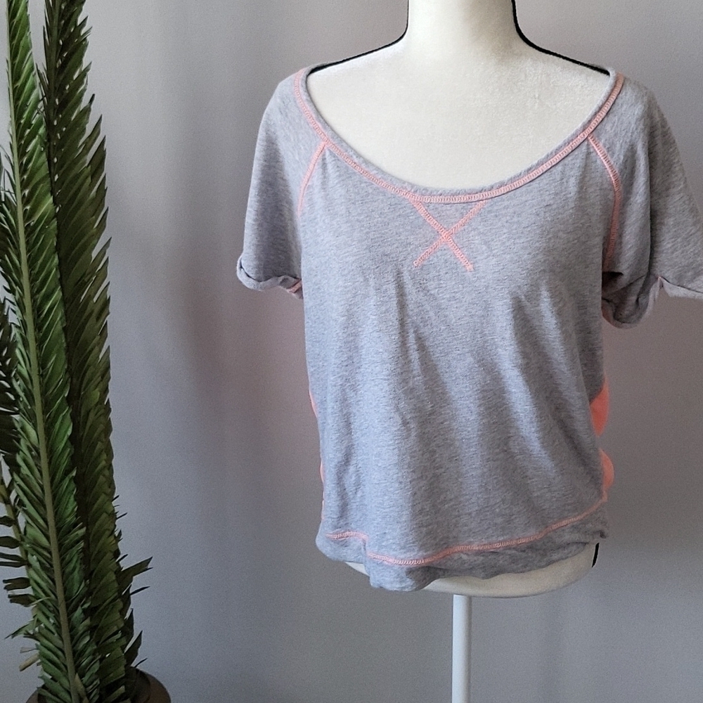 Maurices mixed material heather gray and hot coral colored sheer back tee
